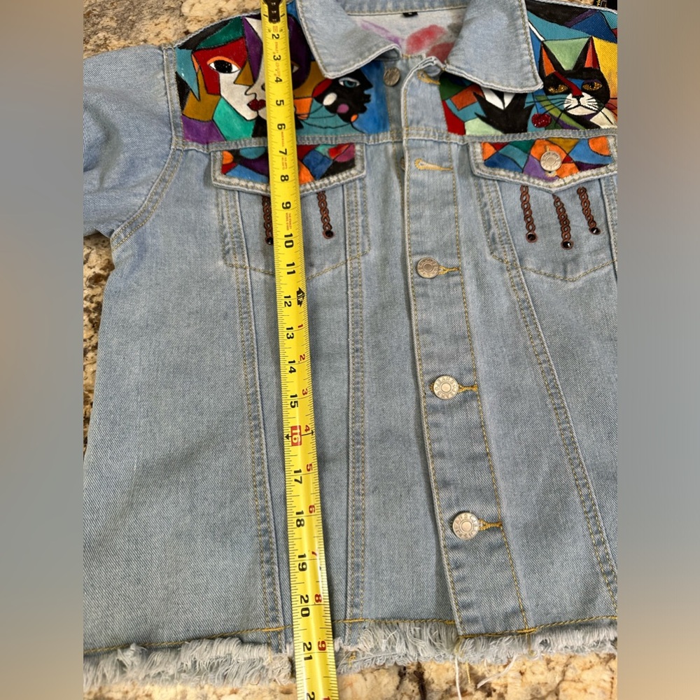 Handpainted modern art cubist style on denim jean jacket OOAK sz SM/MD - Picture 11 of 12